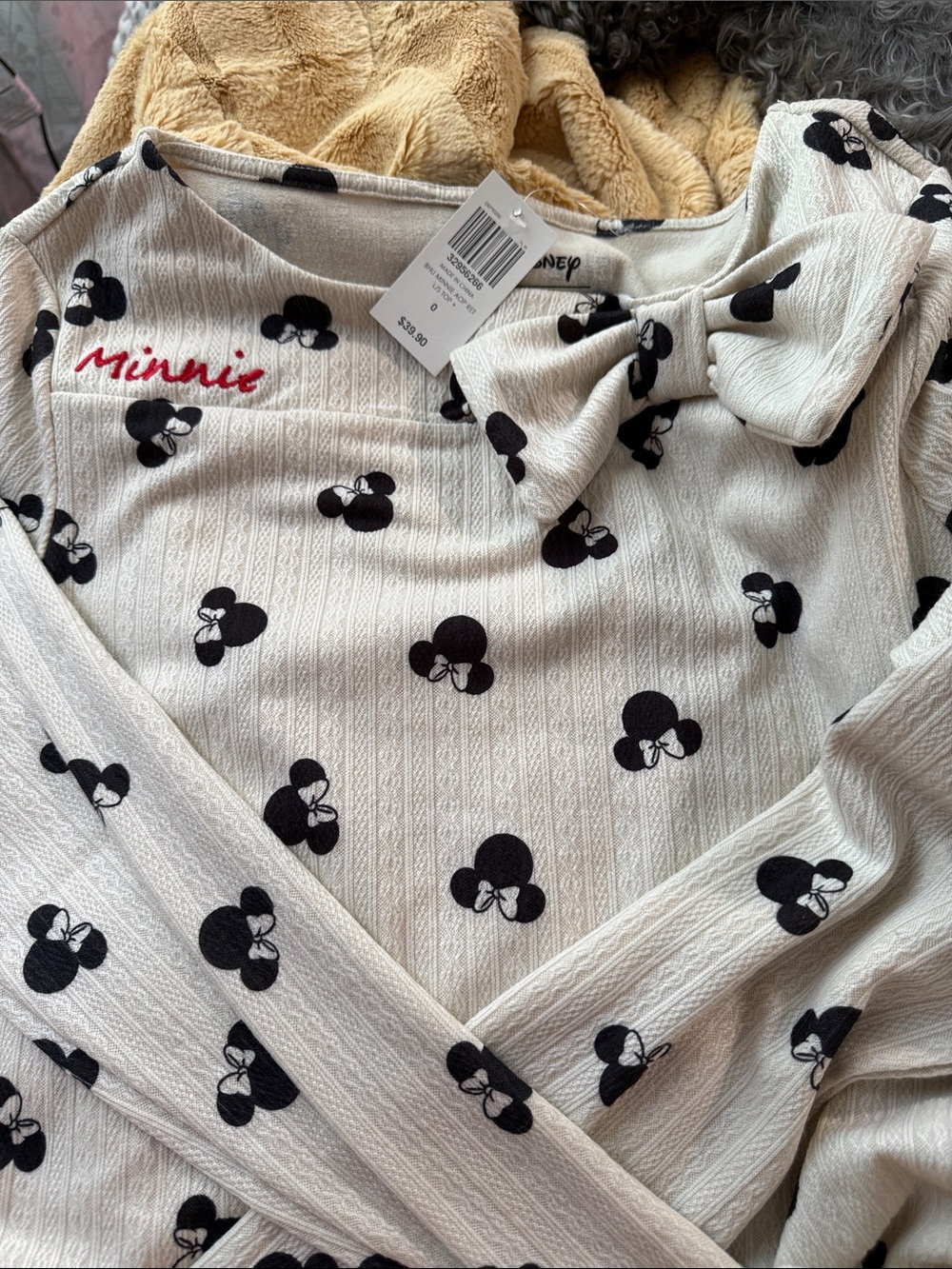 Disney Cream and Black Minnie Print Bow Neck Top